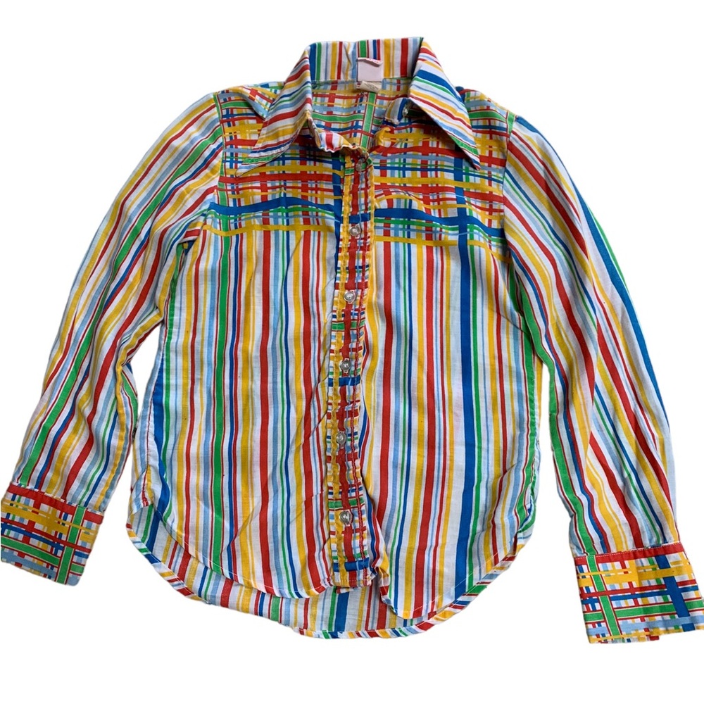 Vintage 70s Girls Button Up Long Sleeve Multi Colored Shirt